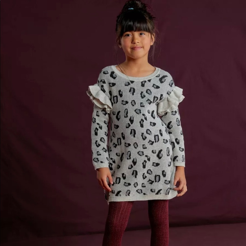 Tea Collection Snow Leopard Sweater Dress Girl Ruffles (size 3 and 5)